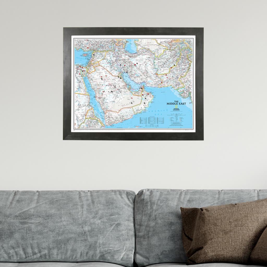 Classic Middle East Push Pin Travel Map in Rustic Black Frame