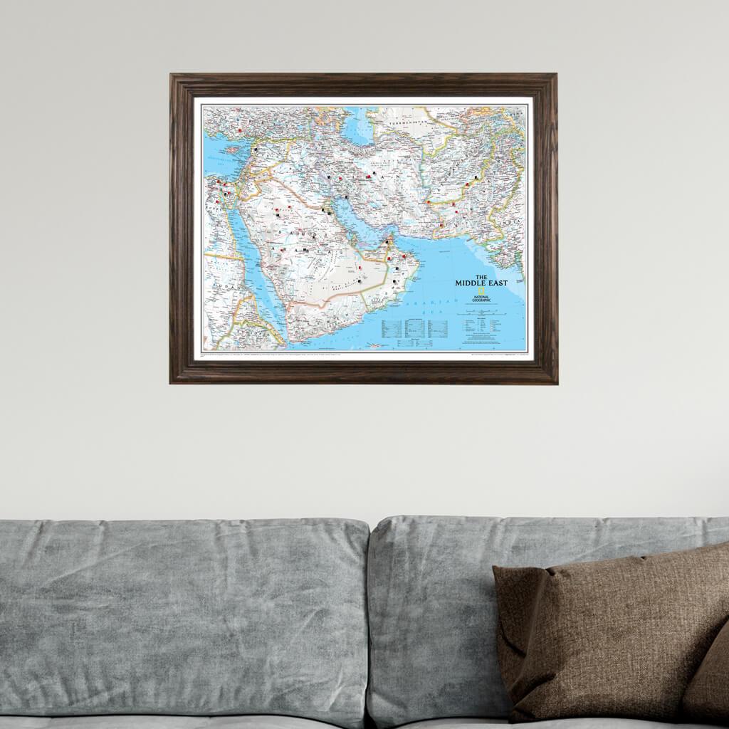 Classic Middle East Push Pin Travel Map in Solid Wood Brown Frame