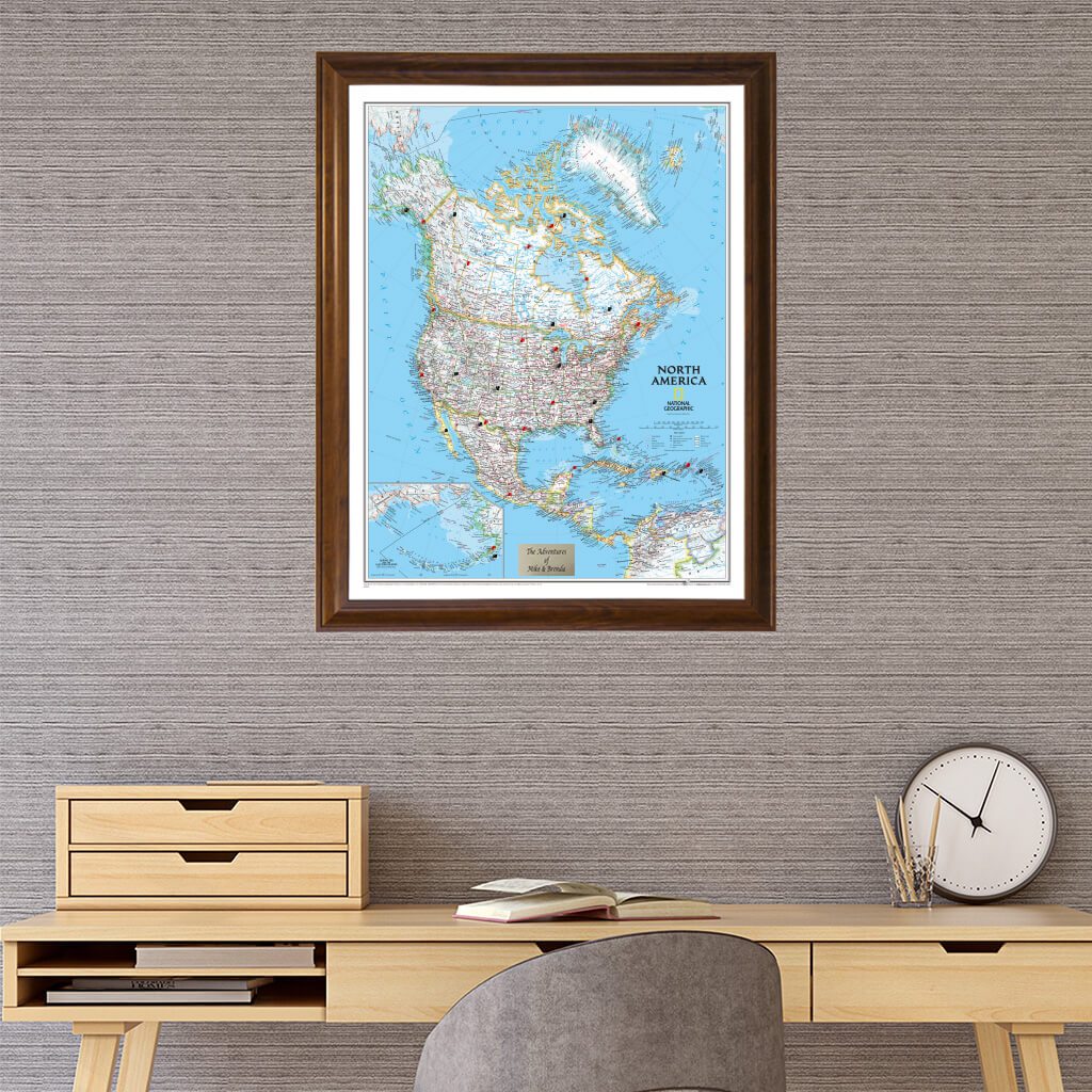 North America Travel Map in Brown Frame