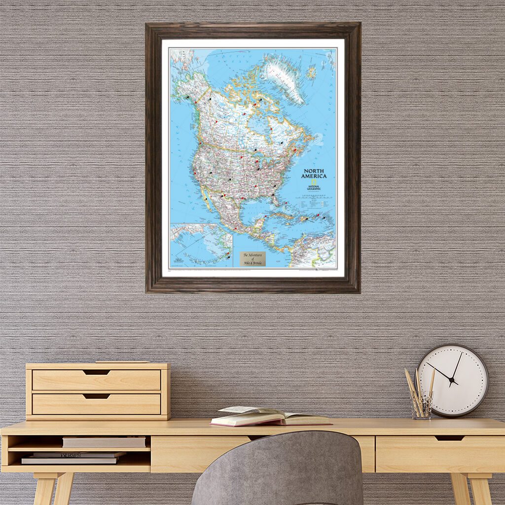 North America Travel Map in Solid Wood Brown Frame