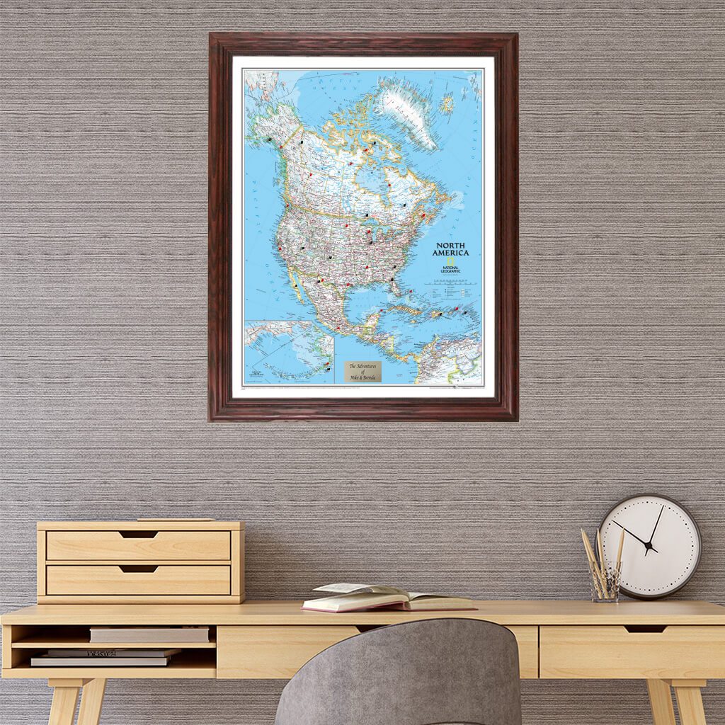 North America Travel Map in Solid Wood Cherry Red Frame