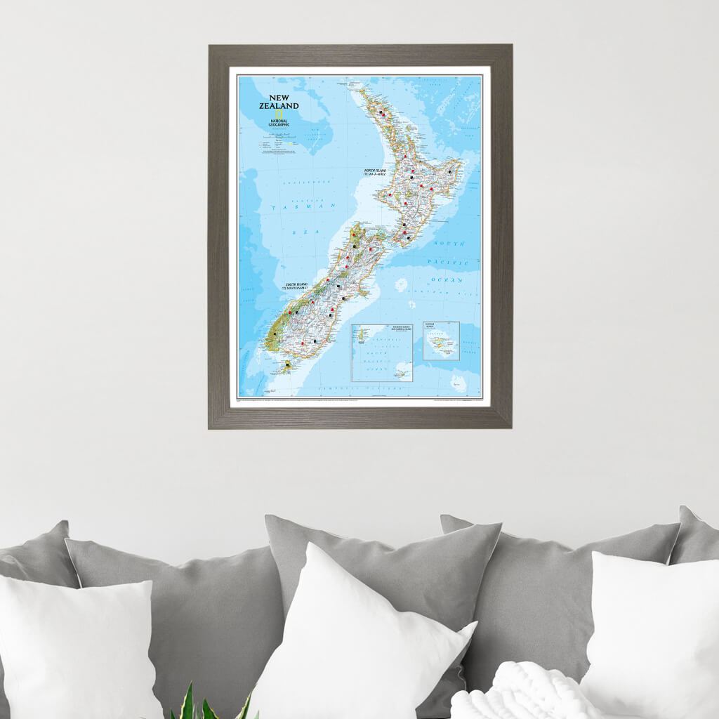 New Zealand Push Pin Travel Map in Barnwood Gray Frame