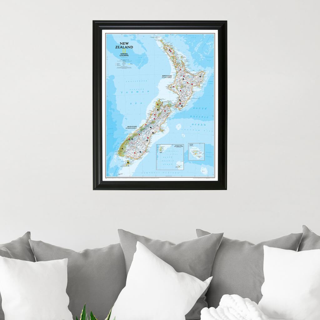 New Zealand Push Pin Travel Map in Black Frame