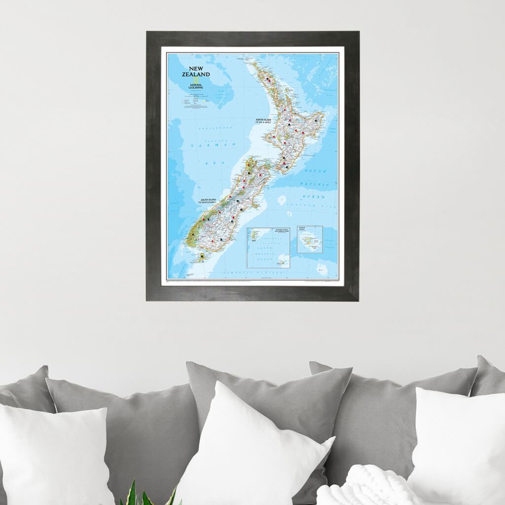 New Zealand Push Pin Travel Map in Rustic Black Frame