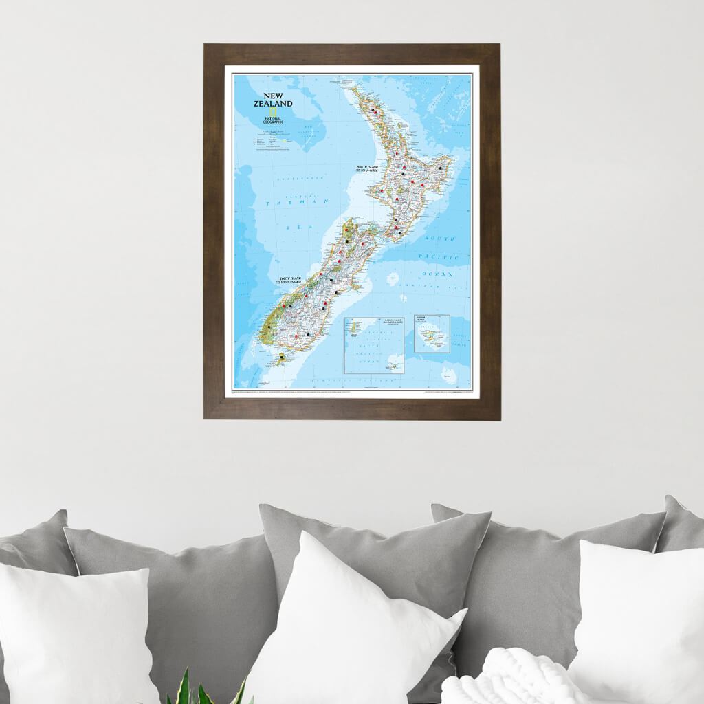 New Zealand Push Pin Travel Map in Rustic Brown Frame