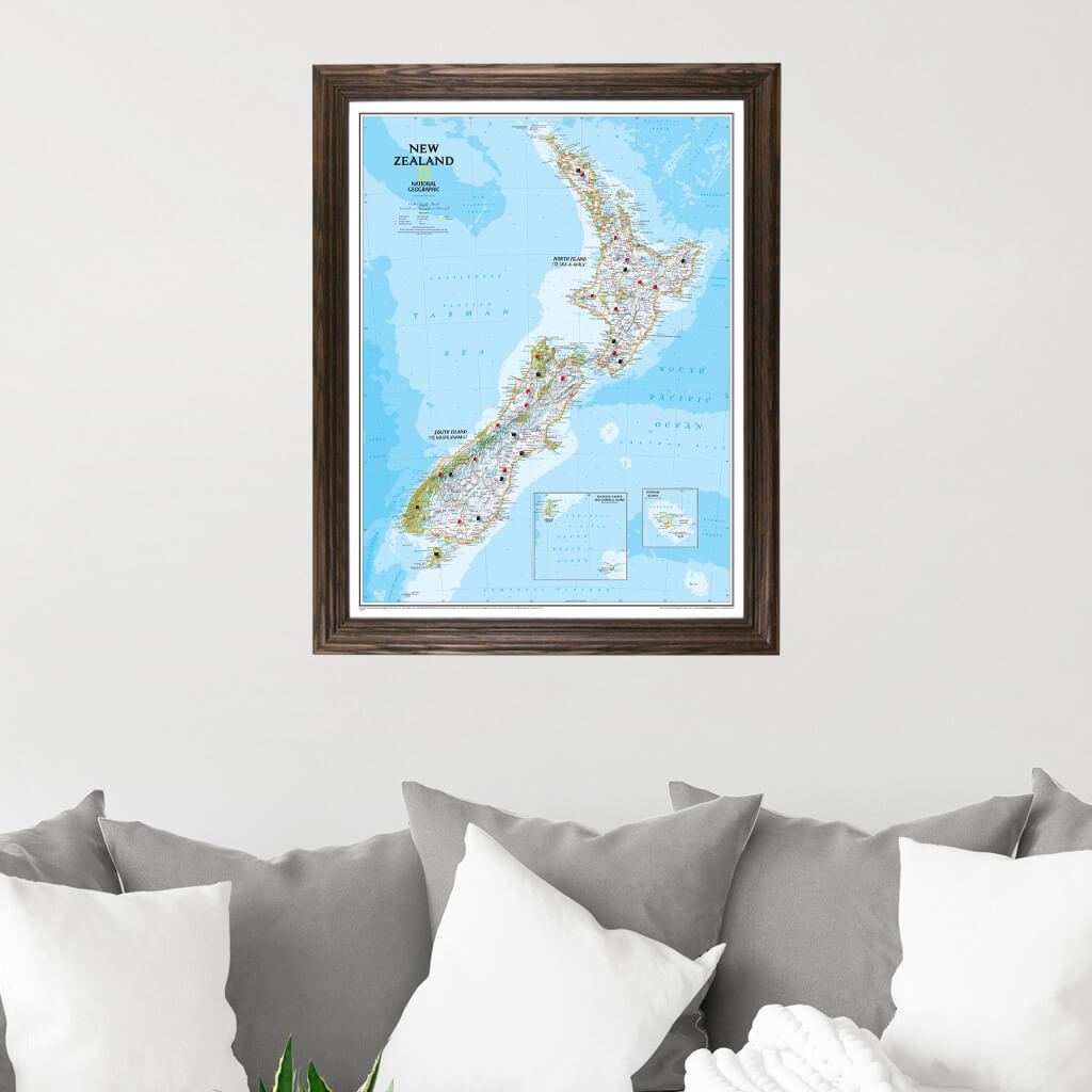 New Zealand Push Pin Travel Map in Solid Wood Brown Frame