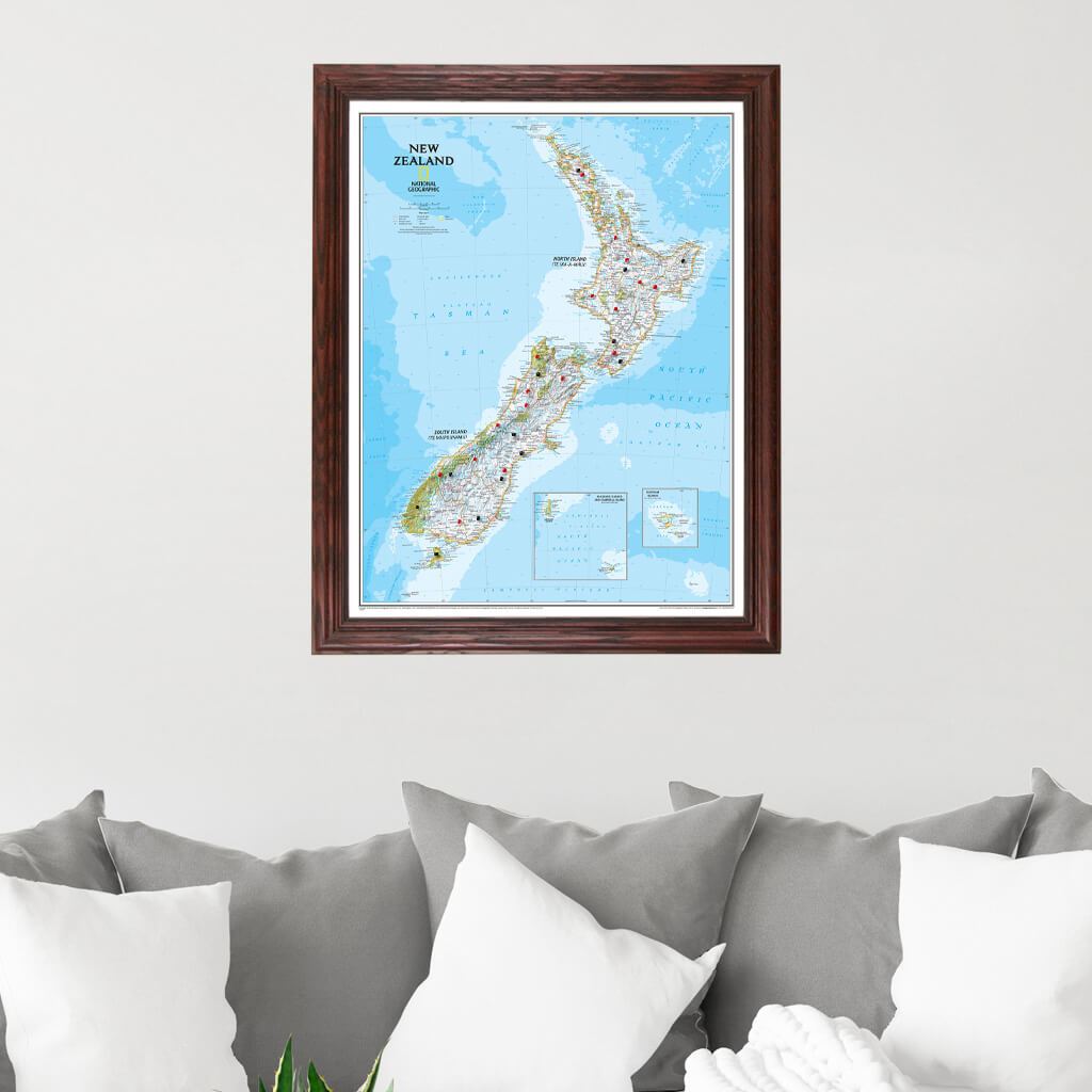 New Zealand Push Pin Travel Map in Solid Wood Cherry Frame