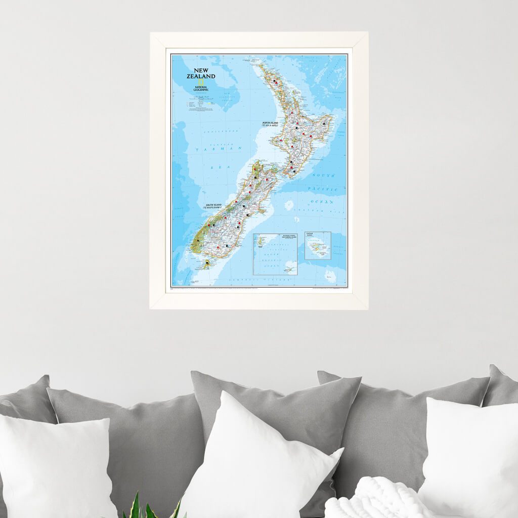 New Zealand Push Pin Travel Map in Textured White Frame