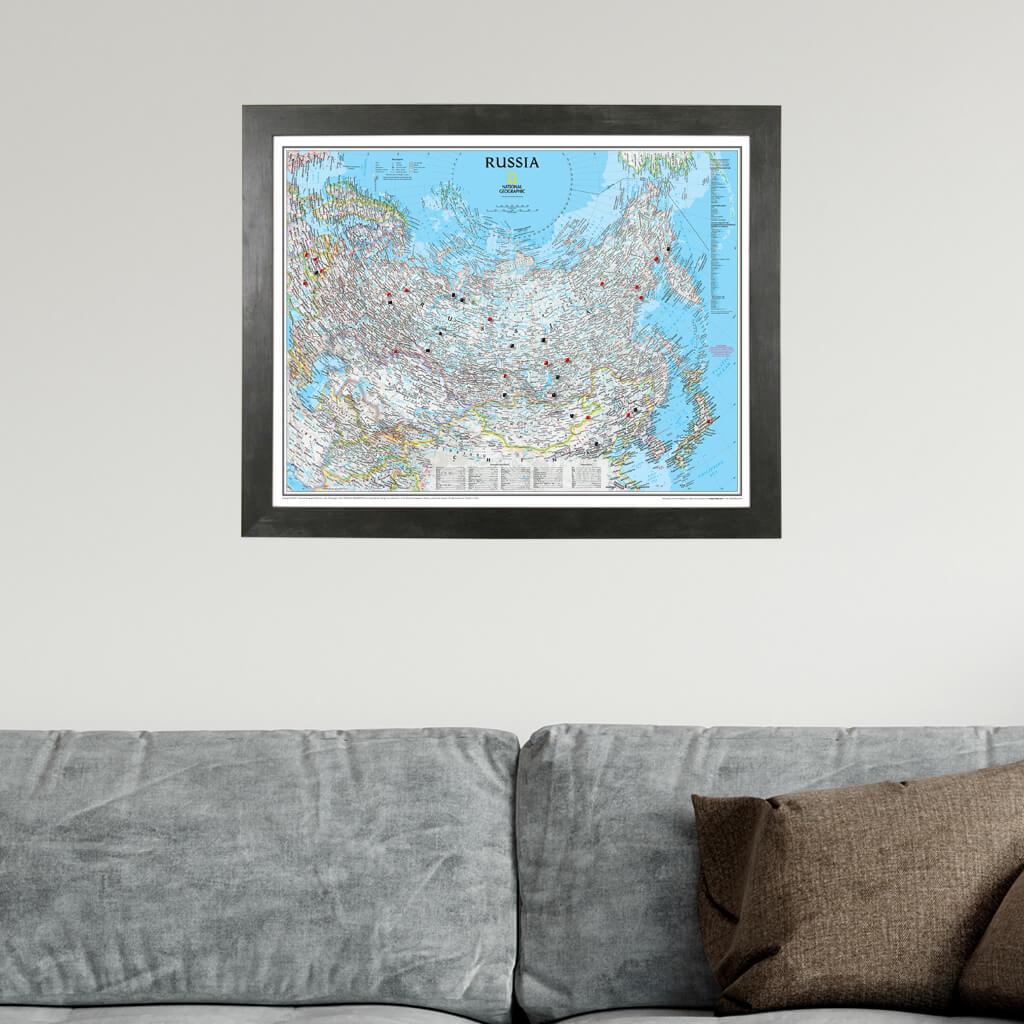 Classic Russia Push Pin Travel Map in Rustic Black Frame