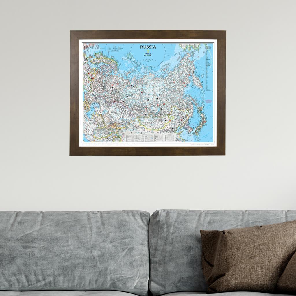 Classic Russia Push Pin Travel Map with Rustic Brown Frame