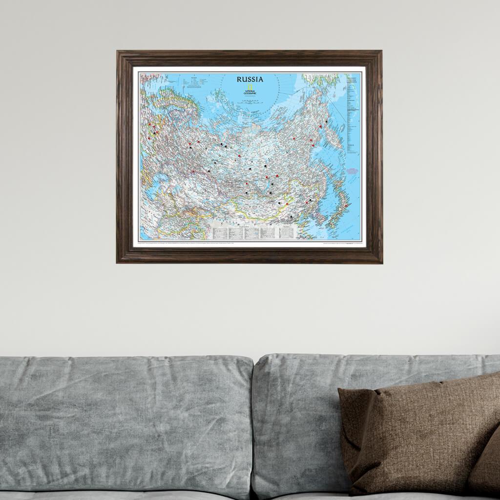 Classic Russia Push Pin Travel Map in Solid Wood Brown Frame