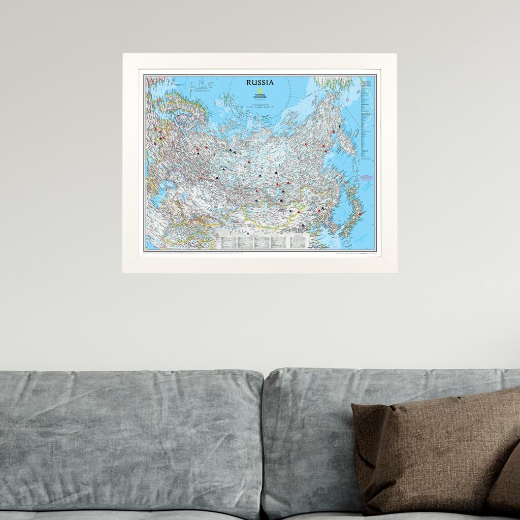 Classic Russia Push Pin Travel Map in Textured White Frame