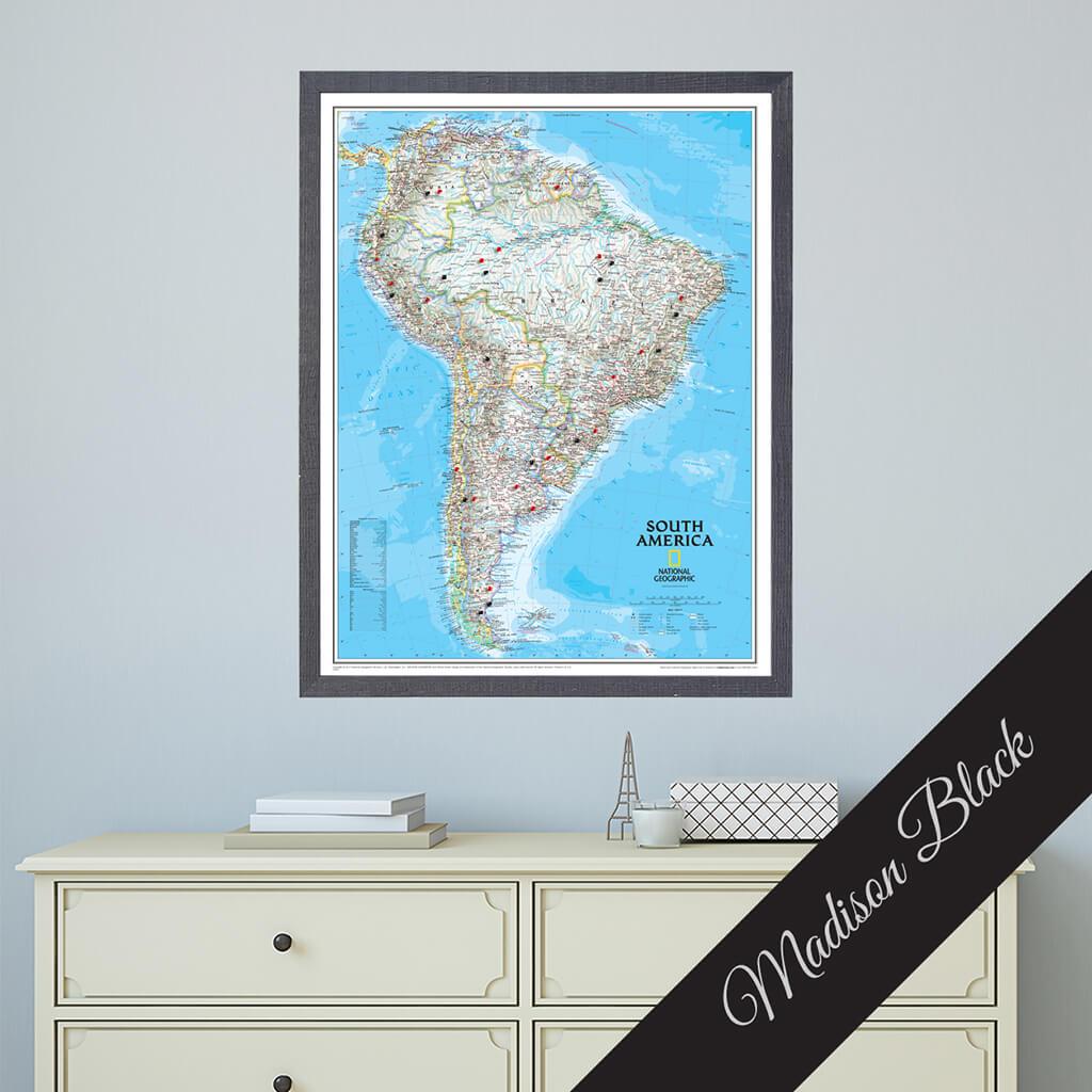 Canvas Classic South America Push Pin Map in Premium Madison Black Frame