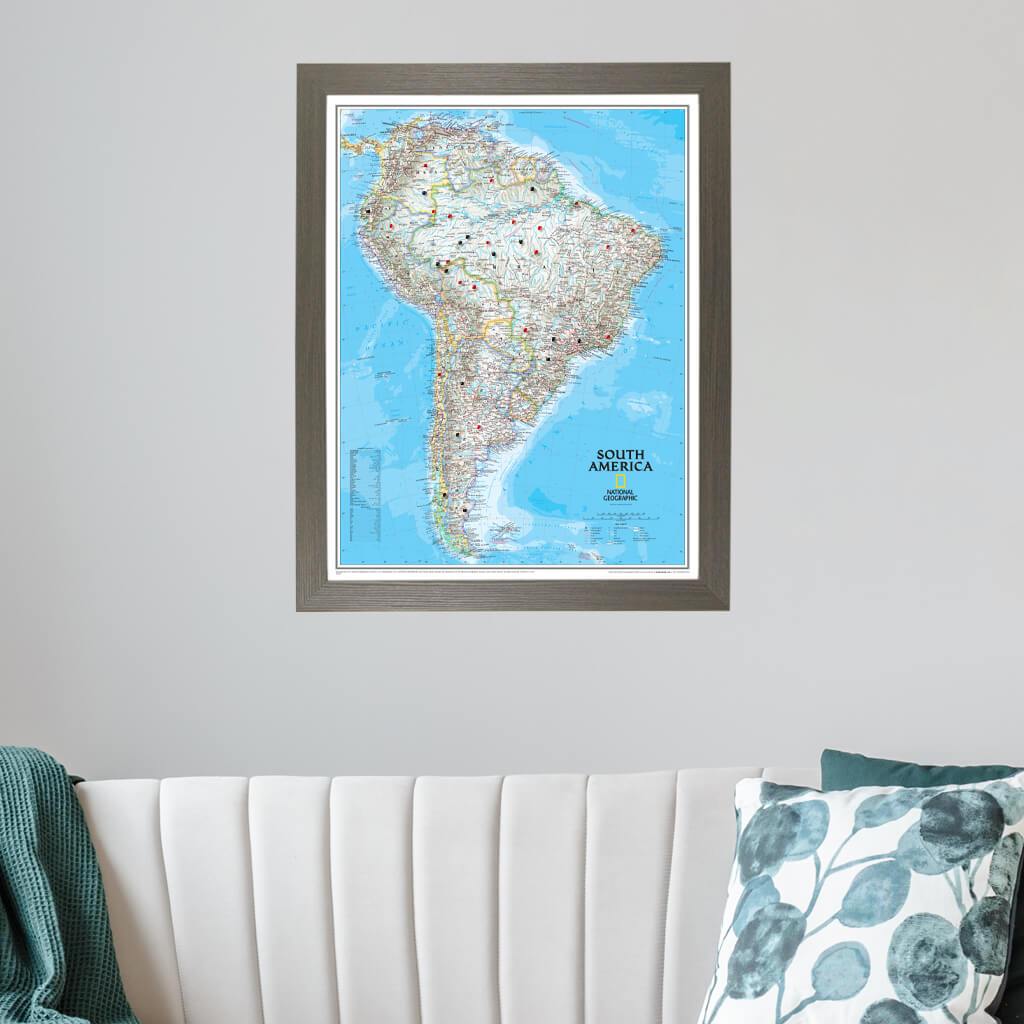 Classic South America Push Pin Travel Map in Barnwood Gray Frame
