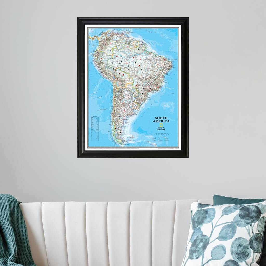 Classic South America Push Pin Travel Map in Black Frame