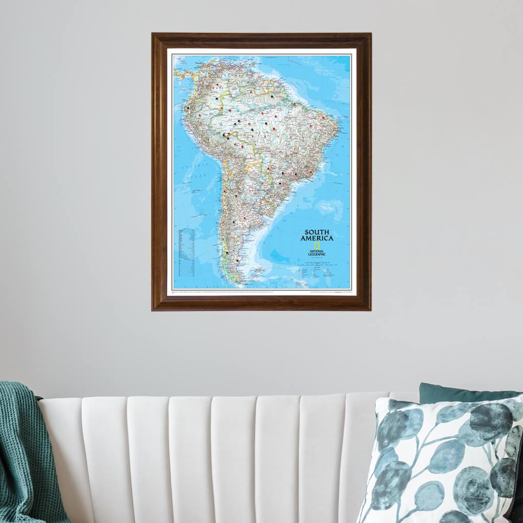 Classic South America Push Pin Travel Map in Brown Frame