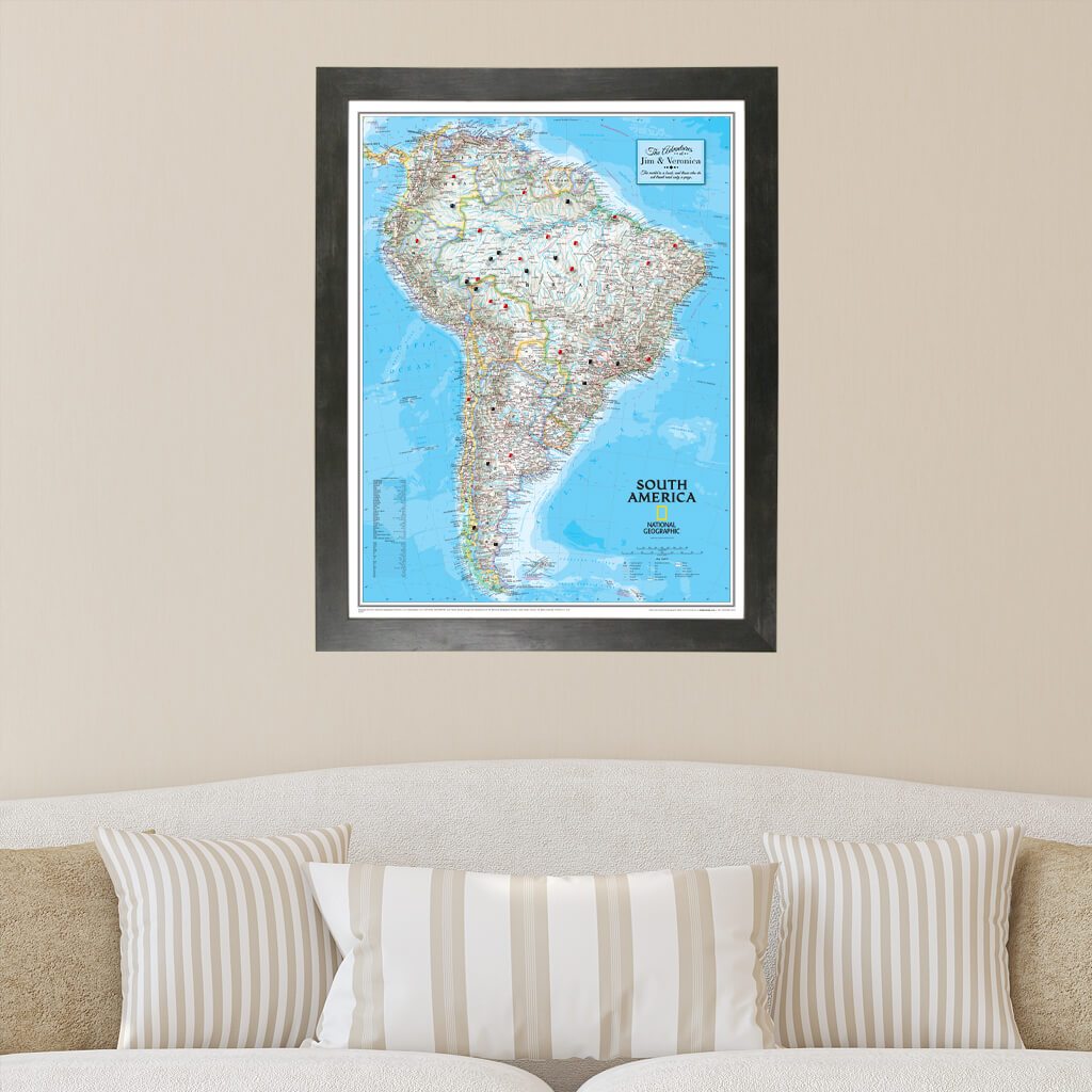 Canvas Classic South America Push Pin Map in Rustic Black Frame