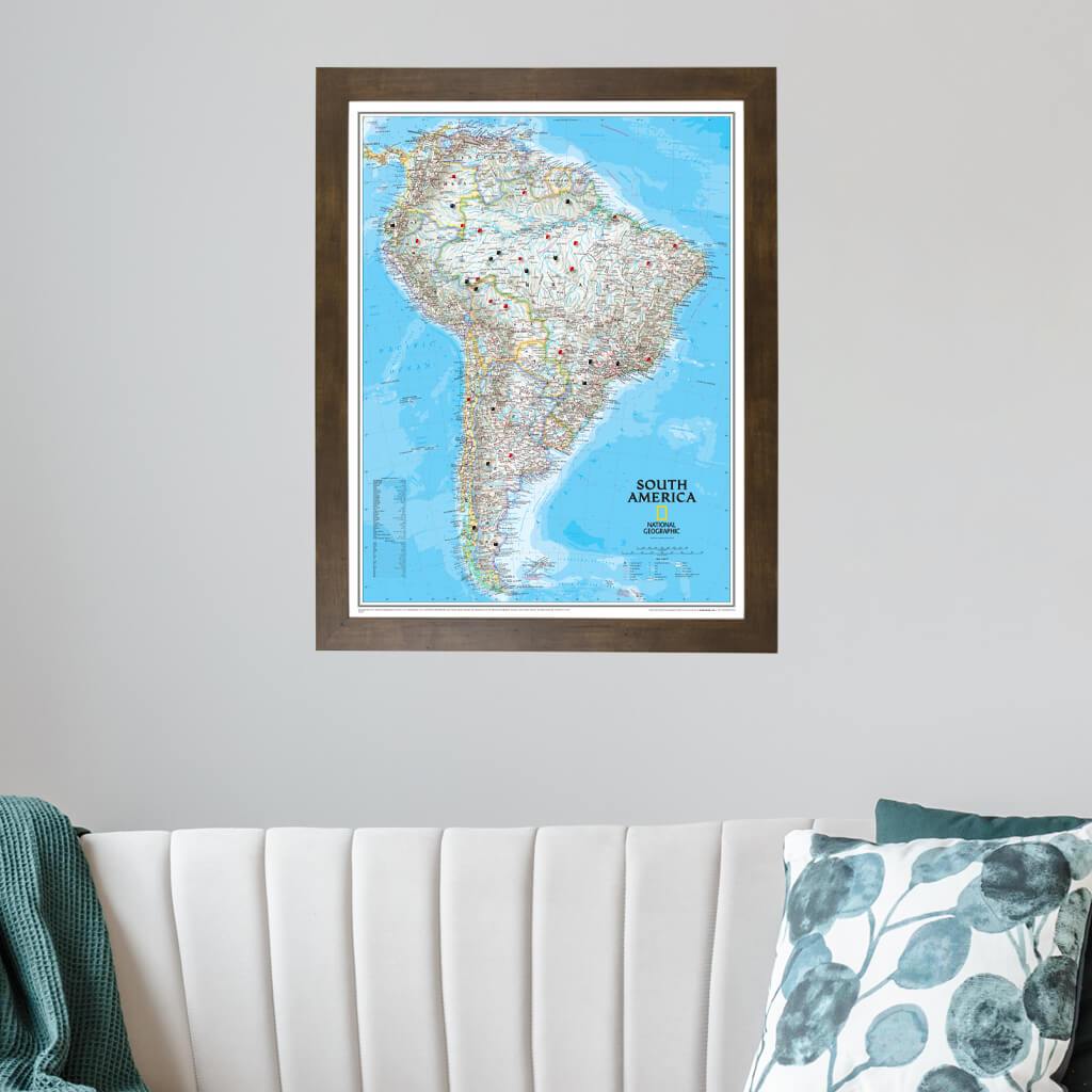 Classic South America Push Pin Travel Map in Rustic Brown Frame