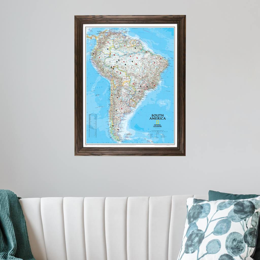 Classic South America Push Pin Travel Map in Solid Wood Brown Frame