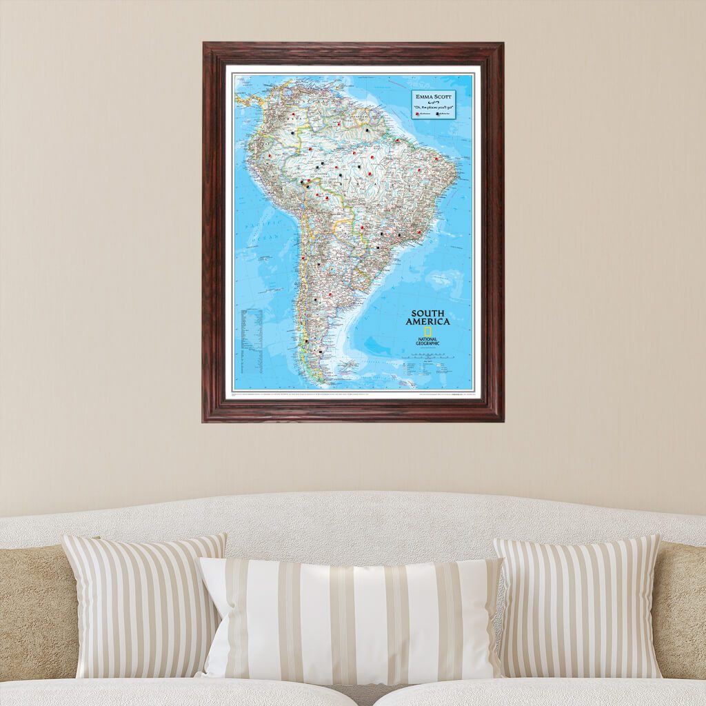 Canvas Classic South America Push Pin Map in Solid Wood Cherry Frame