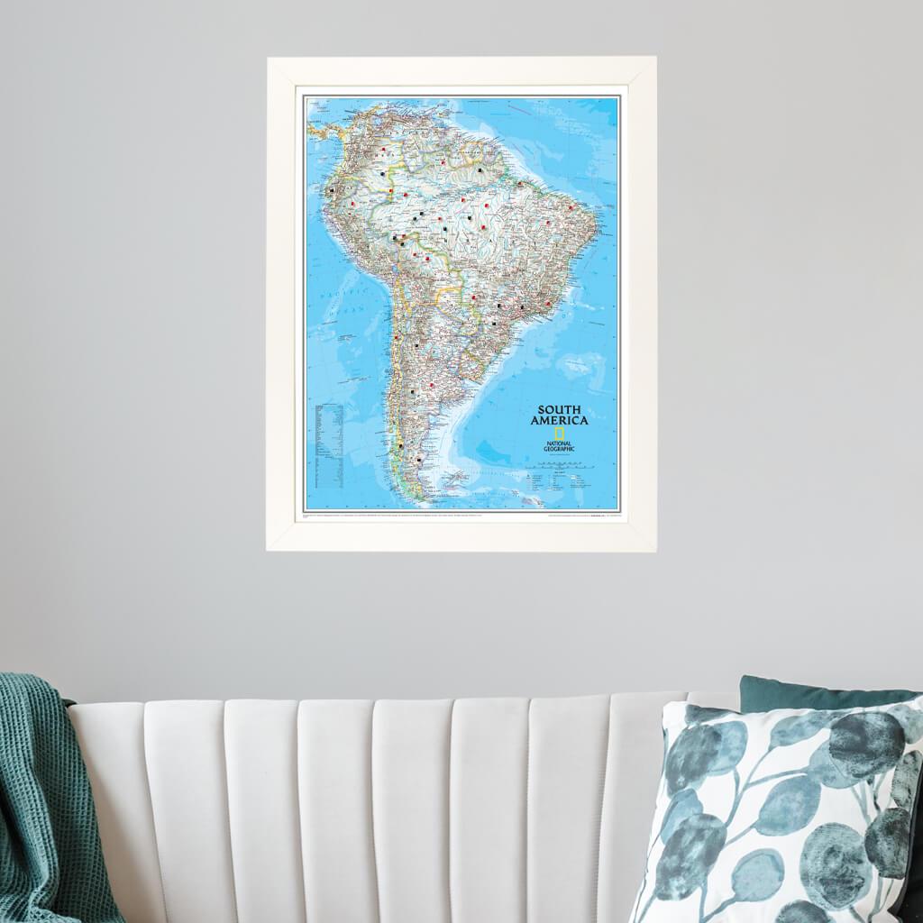 Classic South America Push Pin Travel Map in Textured White Frame