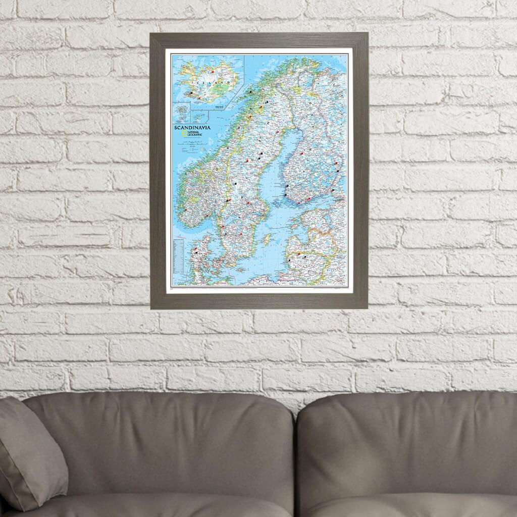 Classic Scandinavia Push Pin Travel Map in Barnwood Gray Frame