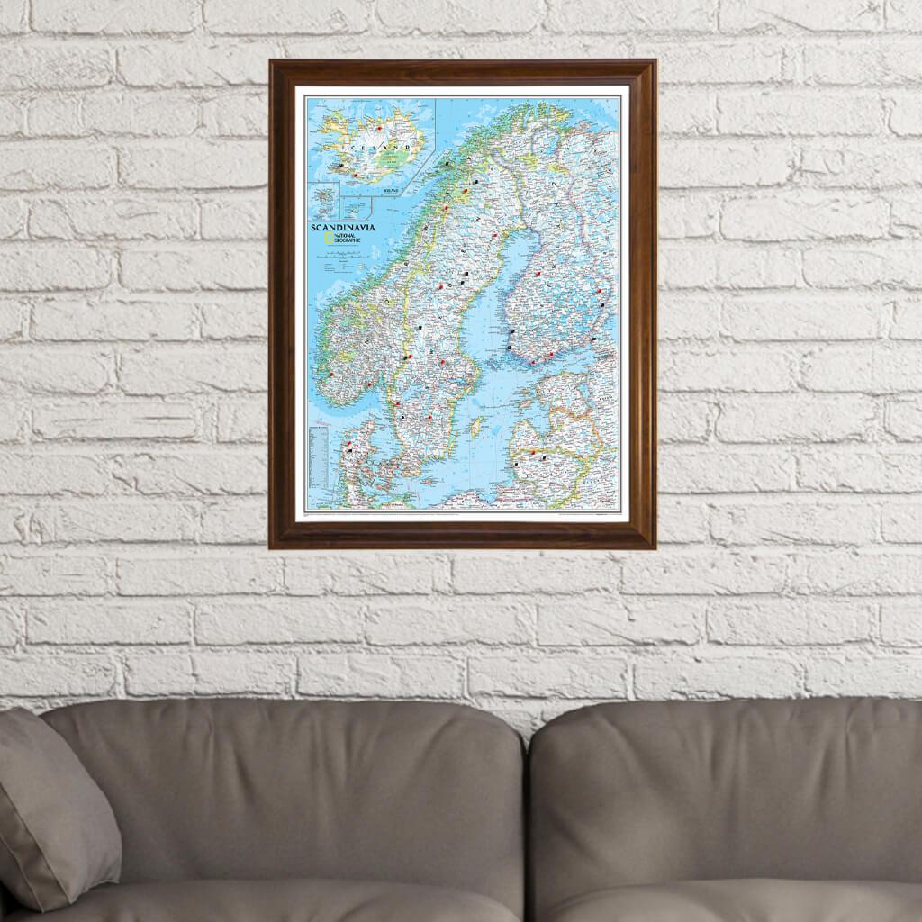 Classic Scandinavia Push Pin Travel Map in Brown Frame