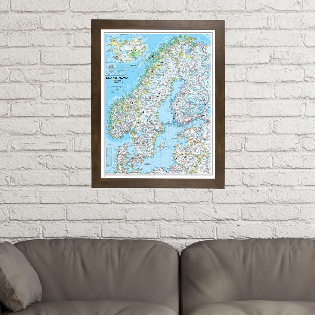 Classic Scandinavia Push Pin Travel Map in Rustic Brown Frame