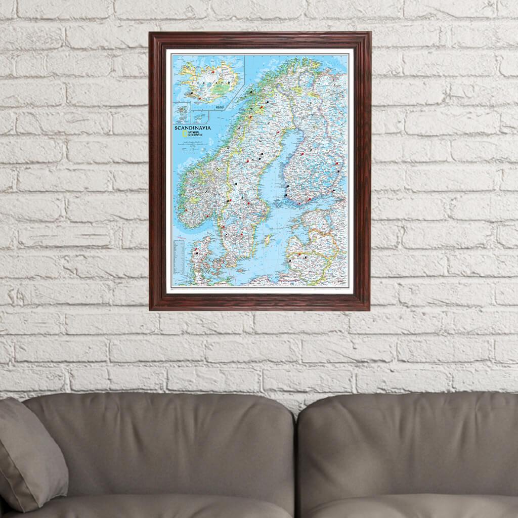 Classic Scandinavia Push Pin Travel Map in Solid Wood Cherry Frame