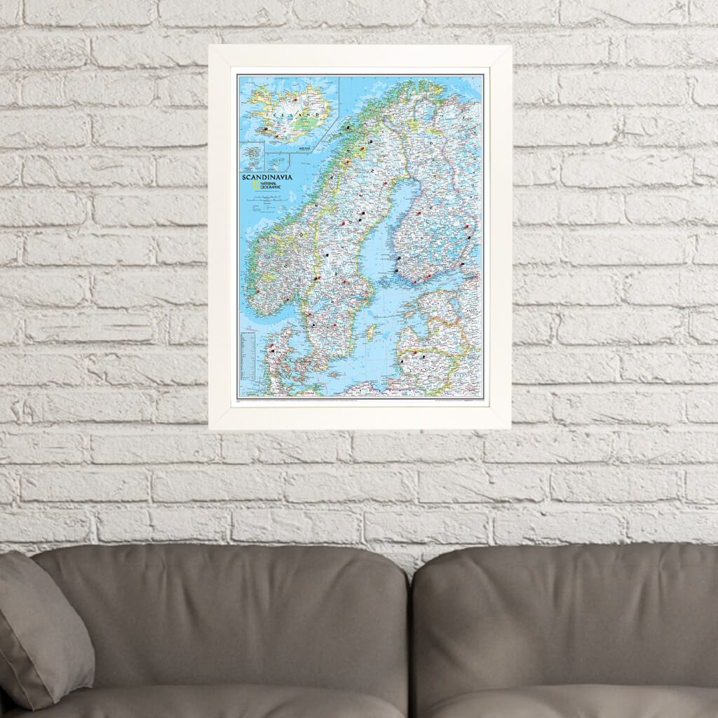 Classic Scandinavia Push Pin Travel Map in Textured White Frame