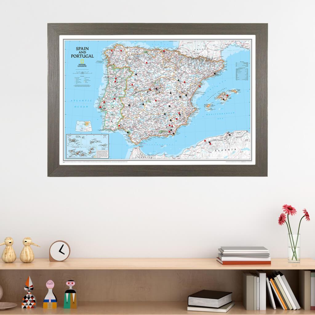 Classic Spain and Portugal Push Pin Travel Map in Barnwood Gray Frame