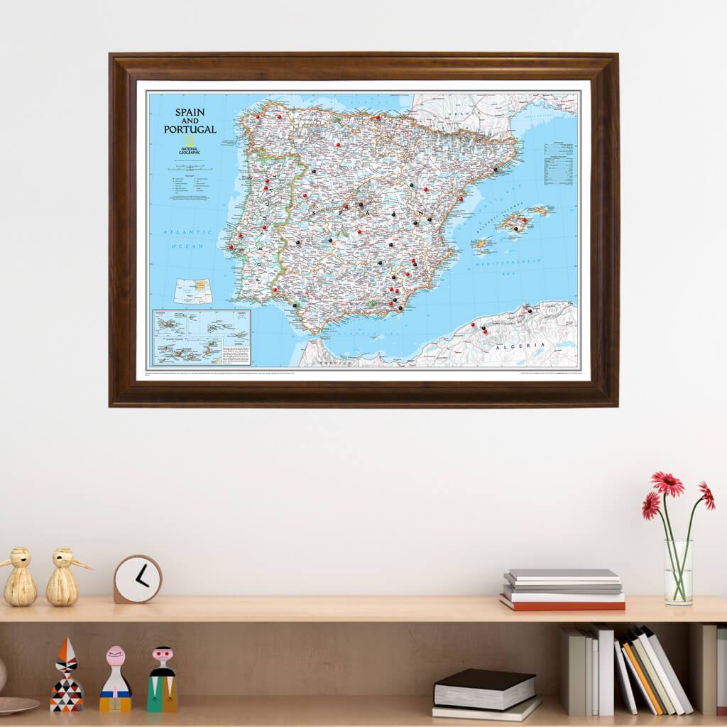 Classic Spain and Portugal Push Pin Travel Map with Pins