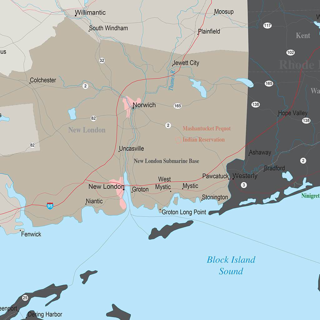 Earth Toned Connecticut State Travel Map closeup