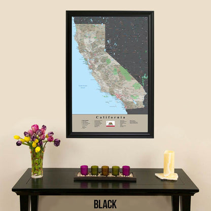 Framed California Earth Toned Travel Map with Push Pins in Black Frame