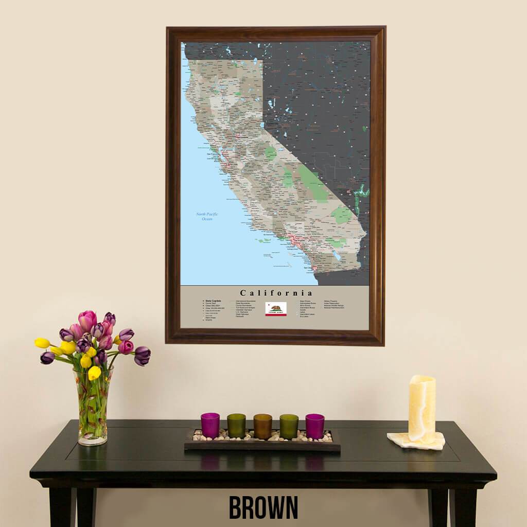 Framed California Earth Toned Travel Map with Push Pins in Brown Frame