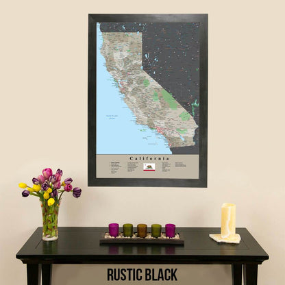 Framed California Earth Toned Travel Map with Push Pins in Rustic Black Frame