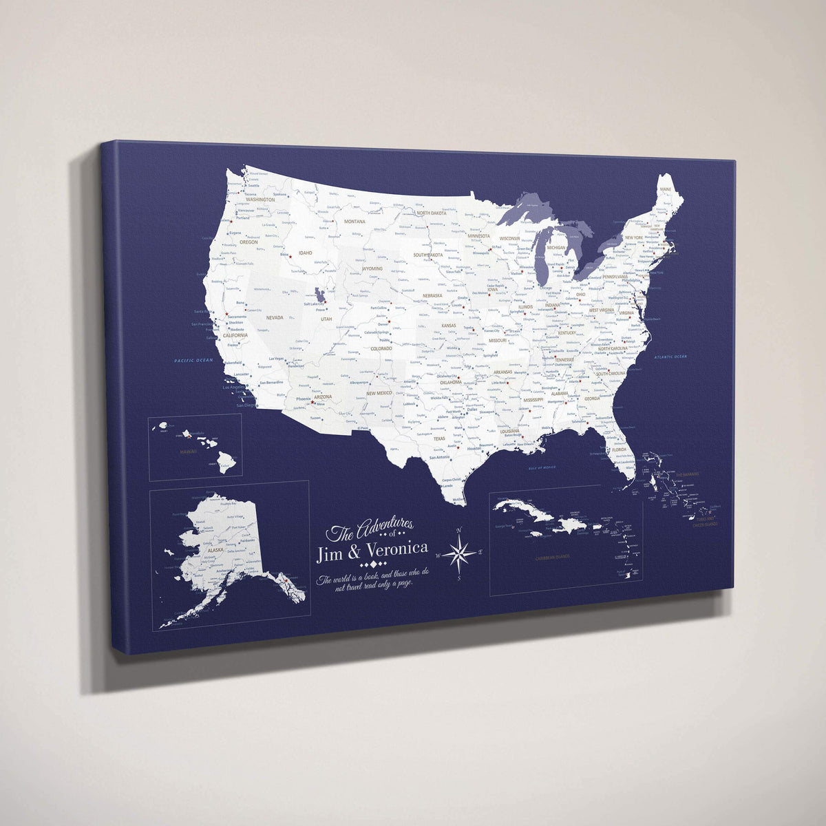 Side View of Gallery Wrapped Canvas Navy Explorers USA &amp; Caribbean Map