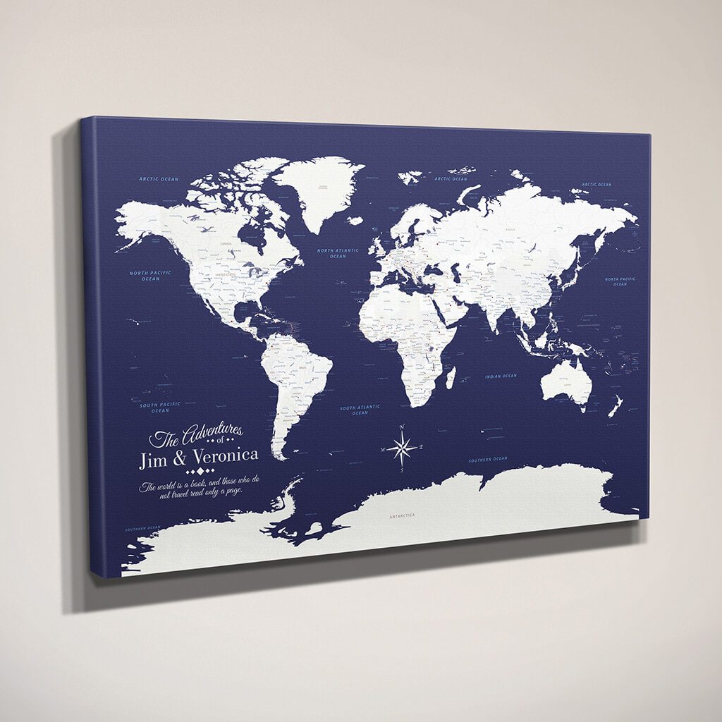 Side View Navy World Gallery Wrapped Push Pin Map