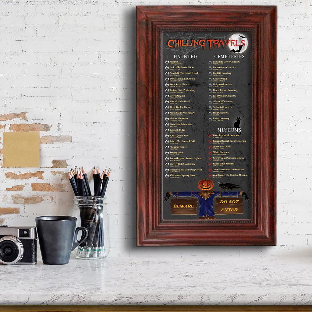 Chilling Travels, Scary Places Bucket List in Solid Wood Cherry Frame Main Image
