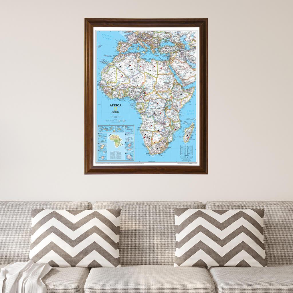 Classic Nat Geo Africa Map with pins Brown Frame