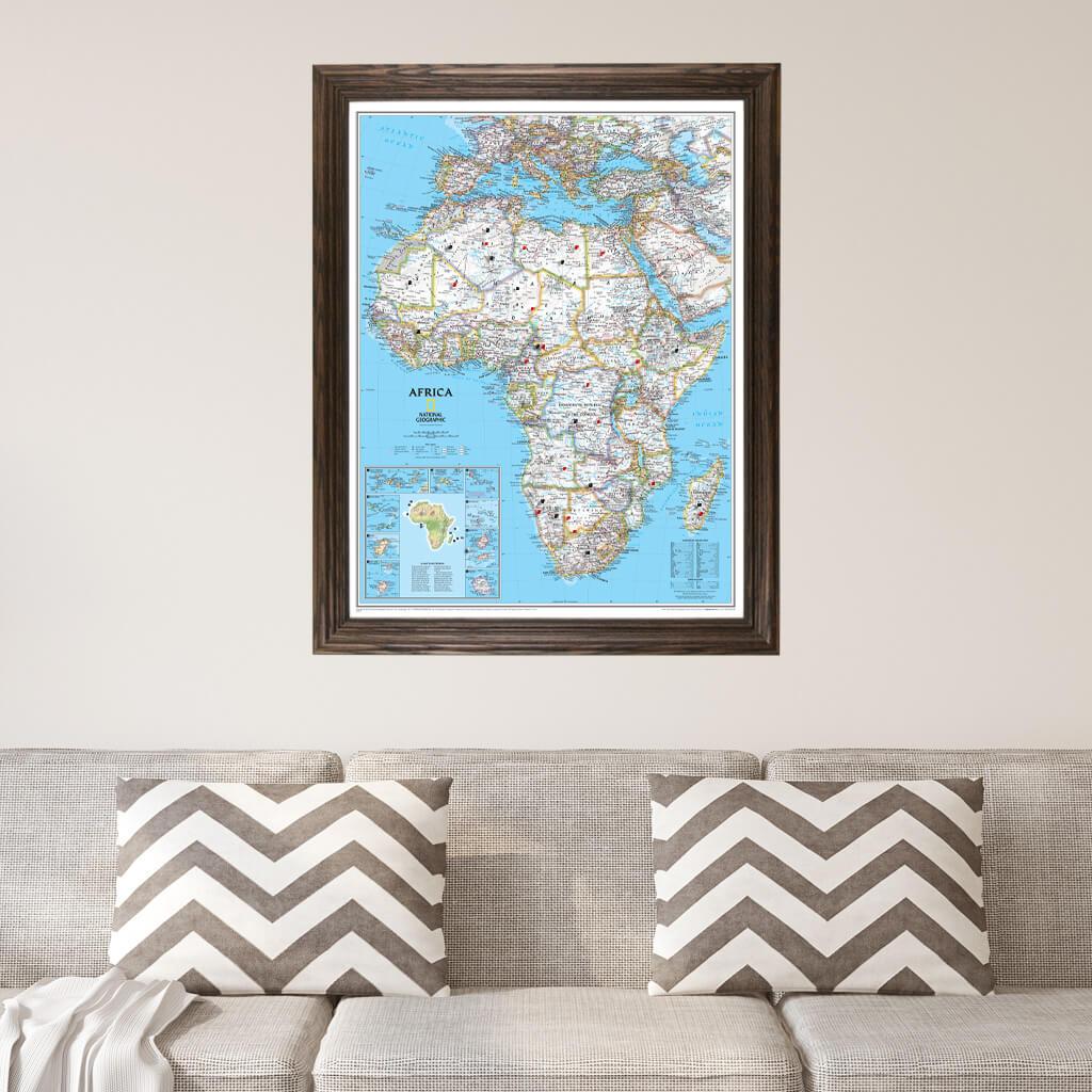 Classic Africa Pinnable Travel Map with Solid Wood Brown frame with pins