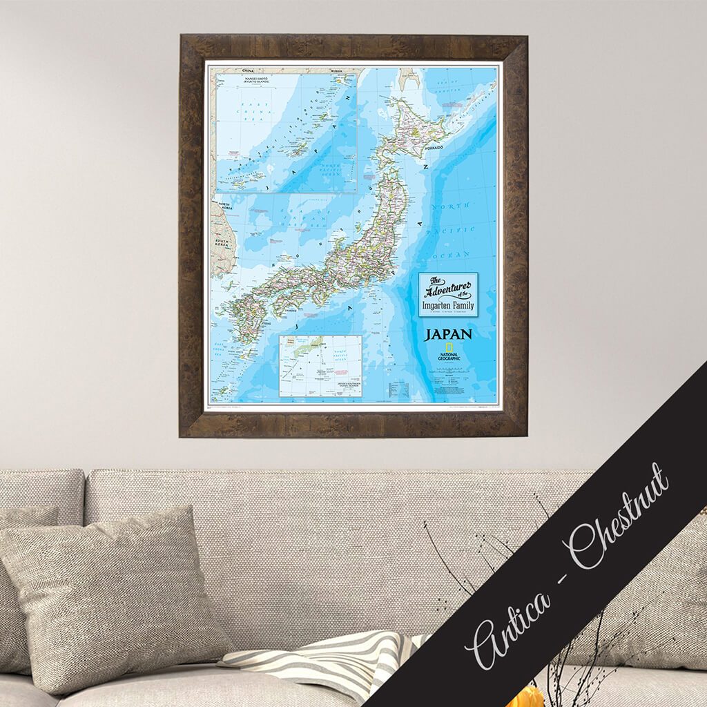 Classic Japan Map on Canvas in Premium Antica Chestnut Frame