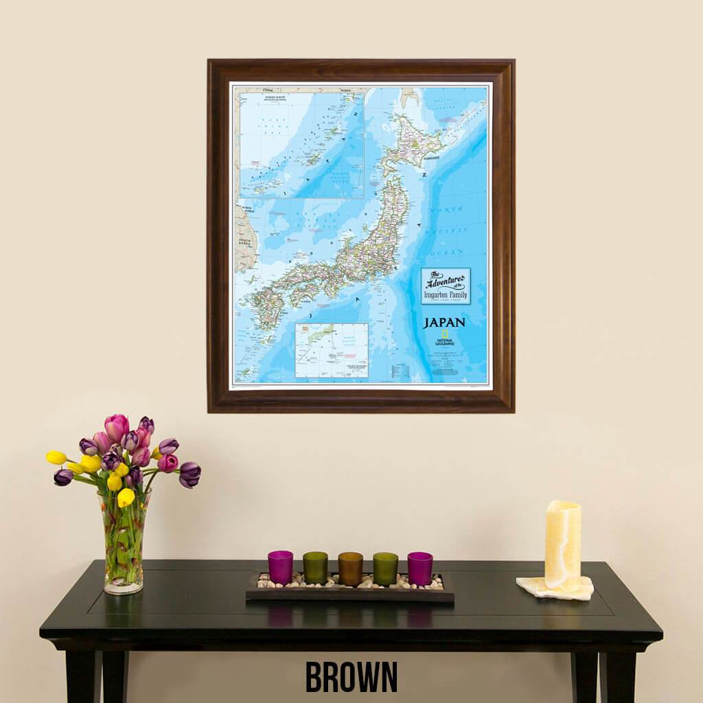 Canvas Japan Wall Map with Pins in Brown Frame