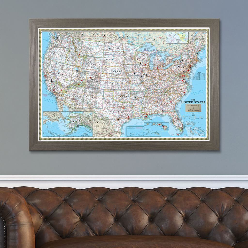 Classic USA Push Pin Map in Barnwood Gray Frame