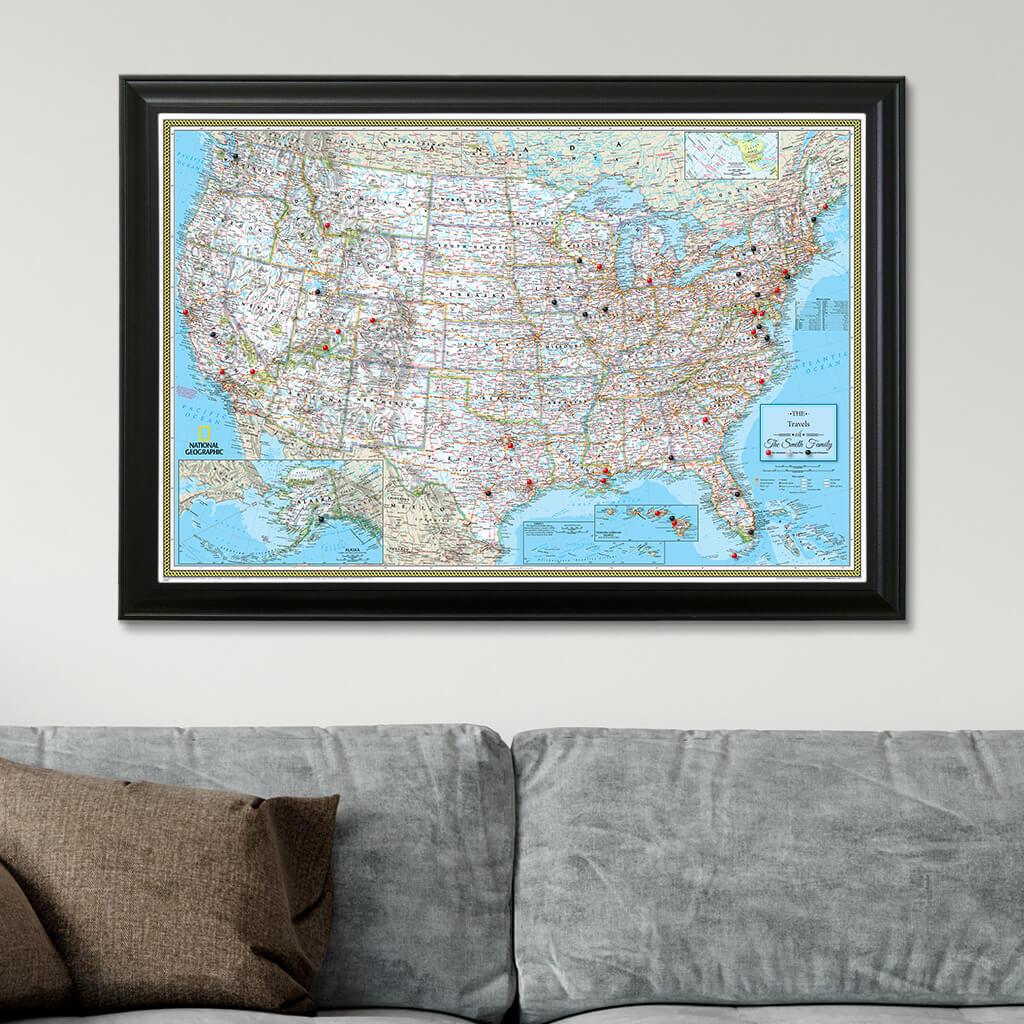 Canvas Classic USA Push Pin Travel Map Black Frame