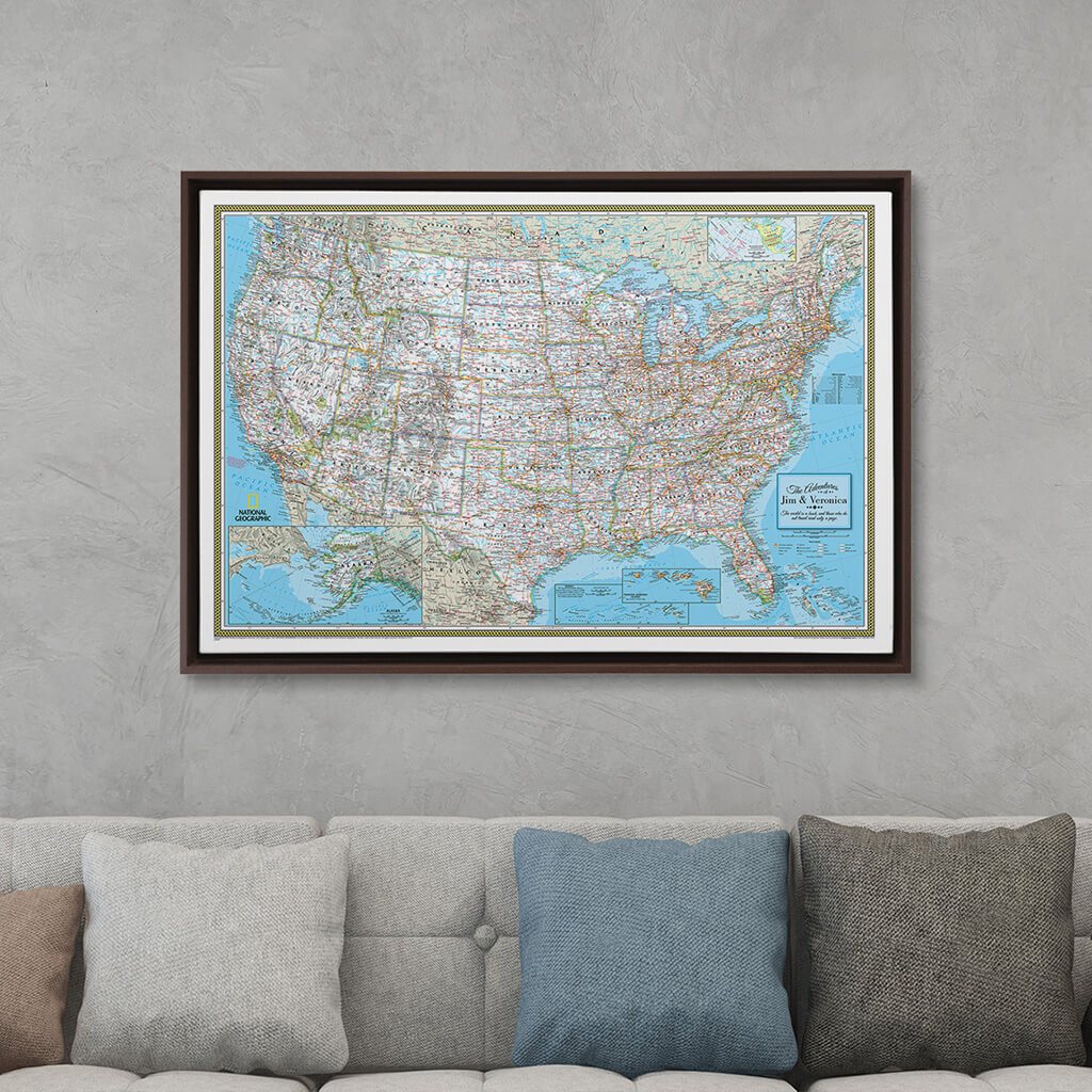 Brown Float Frame - 24x36 Gallery Wrapped Classic USA Push Pin Travel Map