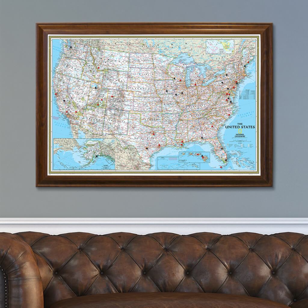 Classic USA Push Pin Map in Brown Frame