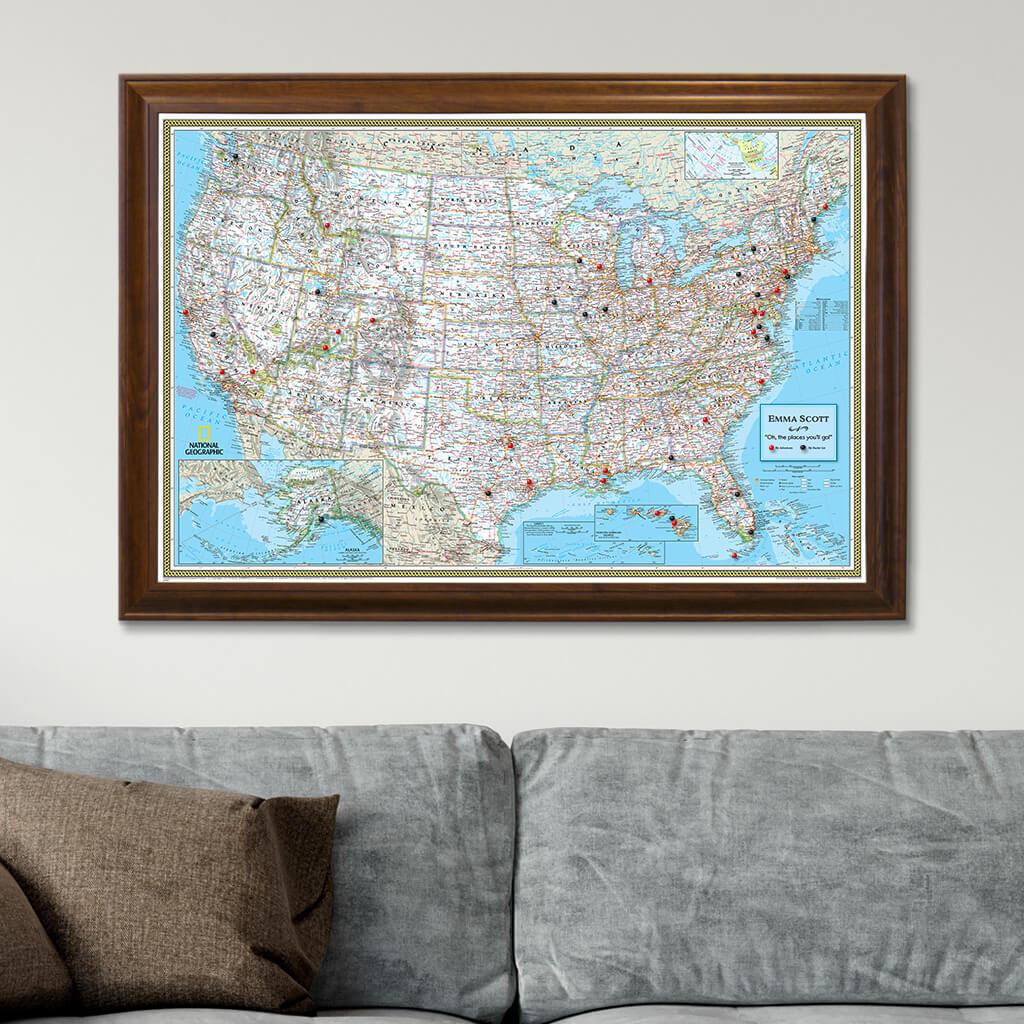 Canvas Classic USA Push Pin Travel Map Brown Frame