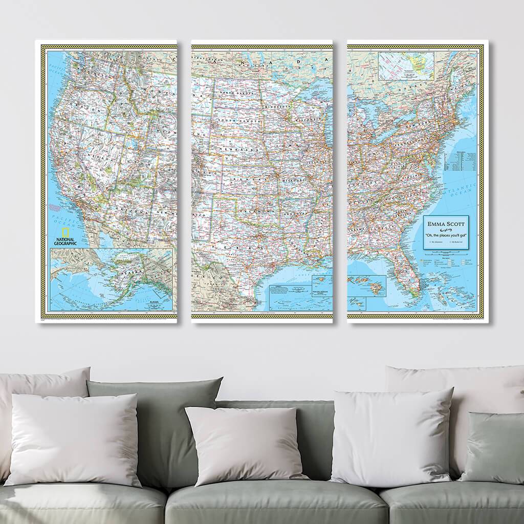 Classic USA Pin Map in 3-Panel Gallery Wrapped Canvas Style