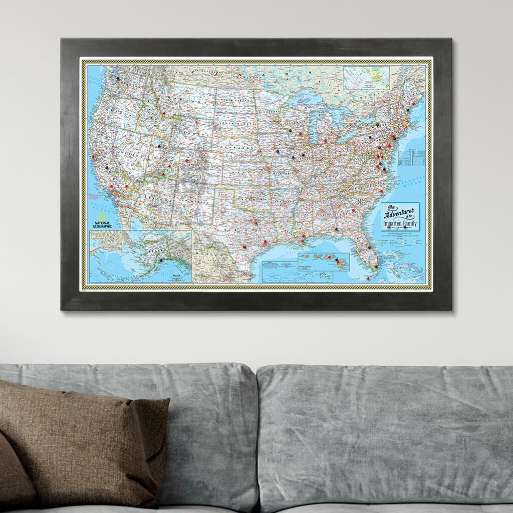 Canvas Classic USA Push Pin Travel Map Rustic Black Frame